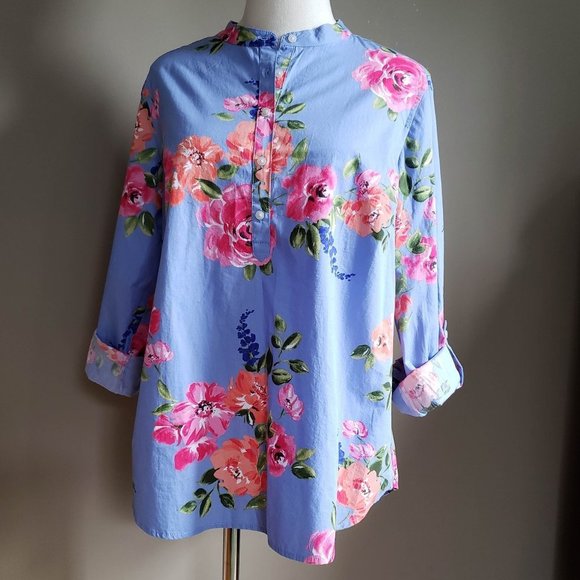 Talbots Floral Cotton Roll-tab Sleeve Blouse M - Picture 1 of 9
